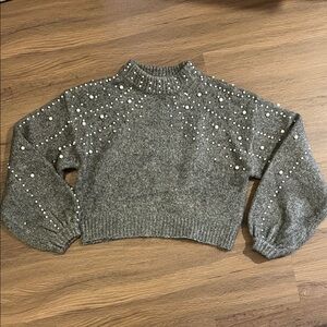 Zara Gray Pearl-Embellished Turtleneck Sweater